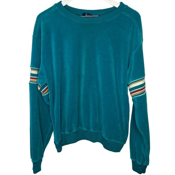 Vintage Teal Velour Striped Sleeve Grandpa Sweater - Men's Size L - Picture 1 of 4